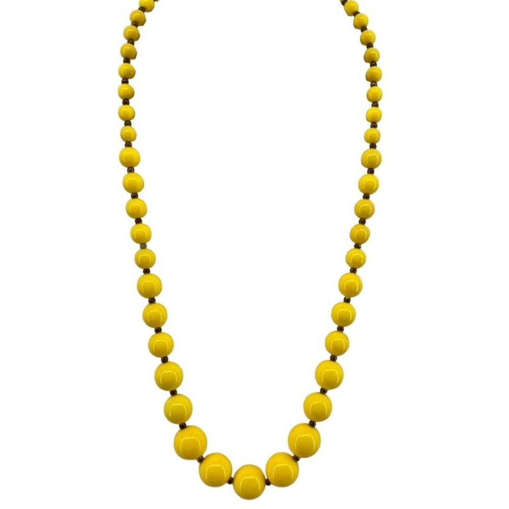 Vintage Yellow Beaded Necklace With Gold-Tone Spring Ring‎ Clasp 26"